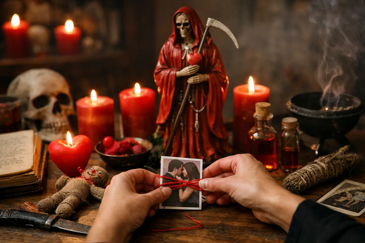 Imagen editorial para Amarres de Amor con la Santa Muerte Roja: Tu Guía Práctica para Reunirte con Tu Pareja sin Engaños
