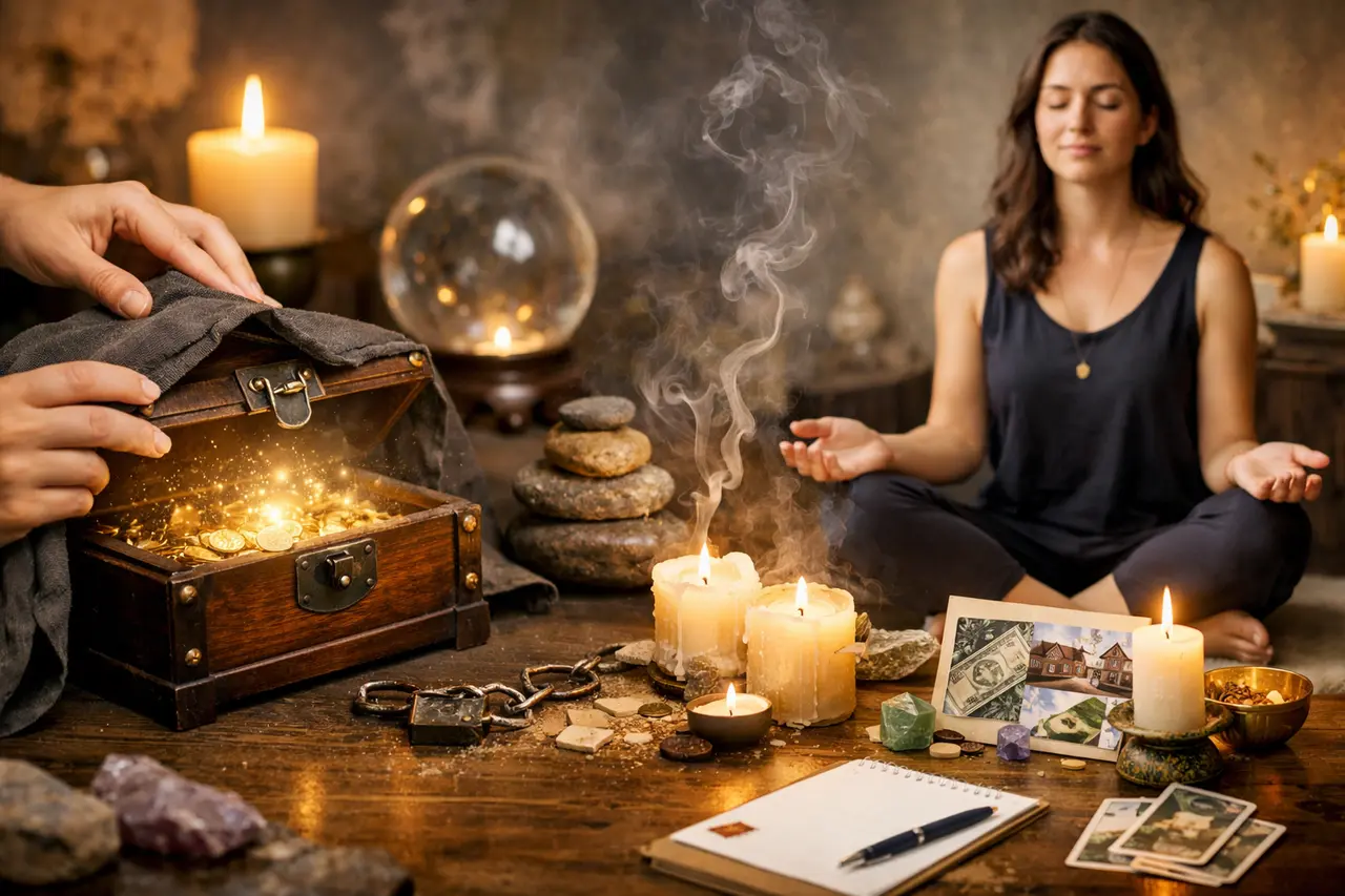 Imagen editorial para Atraer Abundancia Desvela el Secreto Oculto: por Qué Tu Abundancia No Llega (y Cómo Revertirlo Esotéricamente)